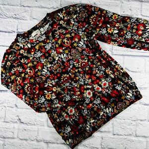 Loft Women Velour Floral Shirt Black Red Gold Long Sleeve Crew Neck Top XS